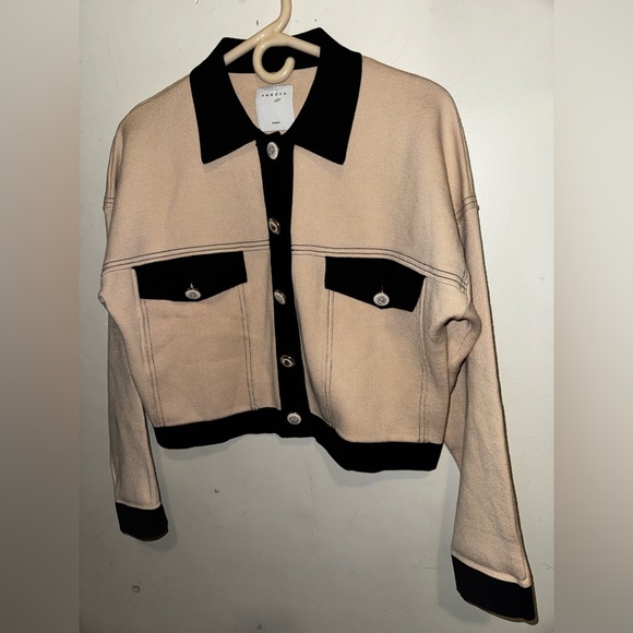 NWOT Sandro Cher Cropped Contrast-Trim Knit Cardigan Caotigan - Picture 2 of 9